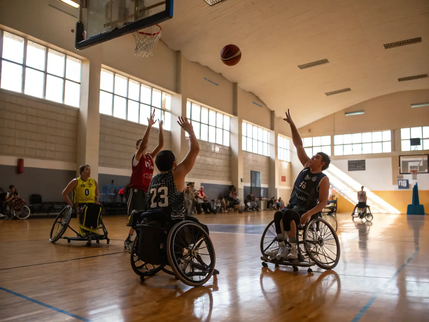 A photograph showcasing a group of diverse individuals participating in a wheelchair basketball game, highlighting inclusivity and teamwork. The setting is a modern indoor sports facility with bright lighting and supportive spectators.
