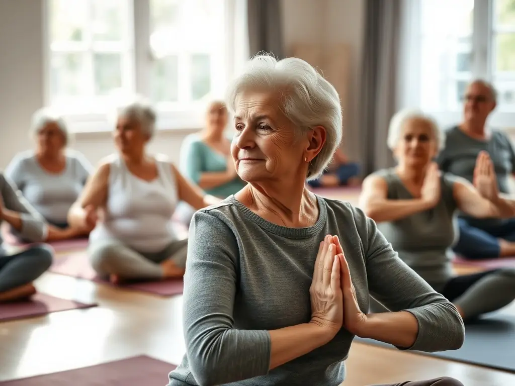An image depicting a group of seniors participating in a gentle yoga session in a park, emphasizing health and wellness. The atmosphere is serene and supportive, with a qualified instructor guiding the participants.