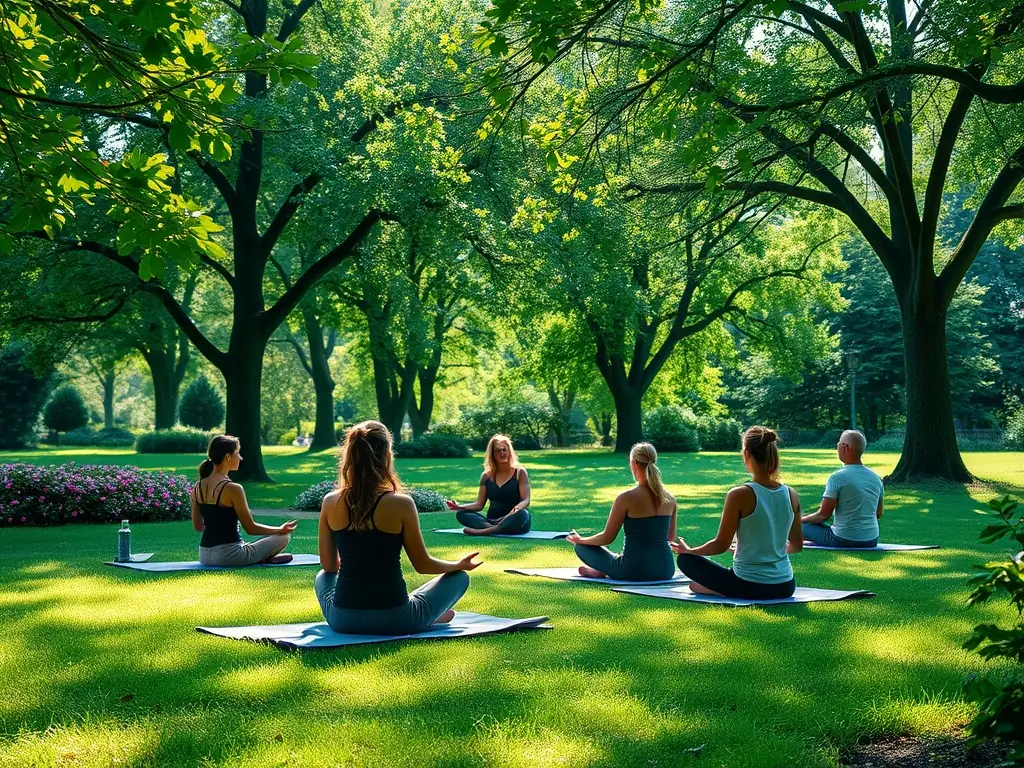 A serene image of a group practicing yoga in a park, highlighting the benefits of mindfulness and physical activity in a natural setting.