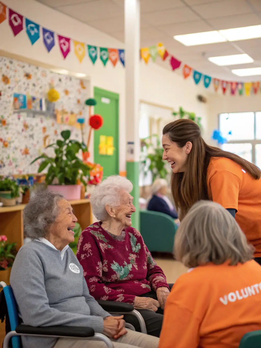 A group of volunteers assisting elderly individuals with mobility exercises in a community center, showcasing ORMA's commitment to senior well-being.