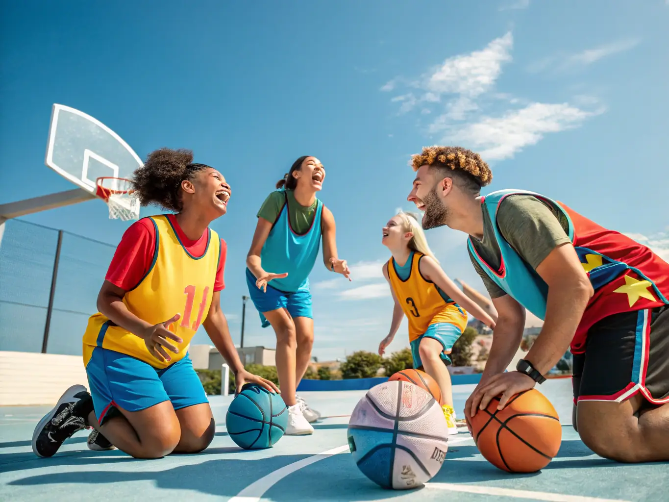 A group of diverse individuals participating in a friendly basketball game outdoors, showcasing teamwork and inclusivity.