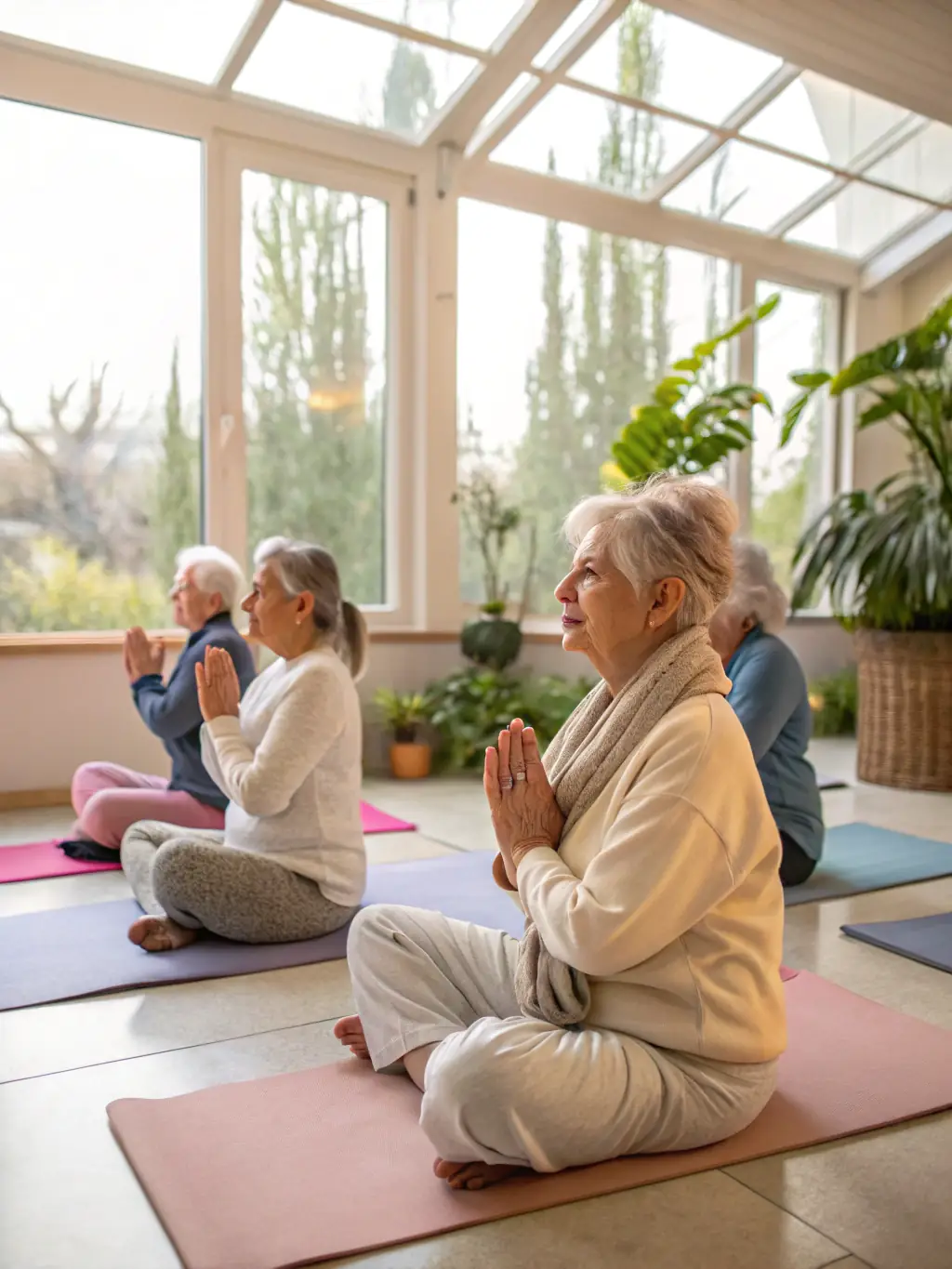 Seniors participating in a gentle yoga class in a community center, highlighting the benefits of physical and mental well-being.