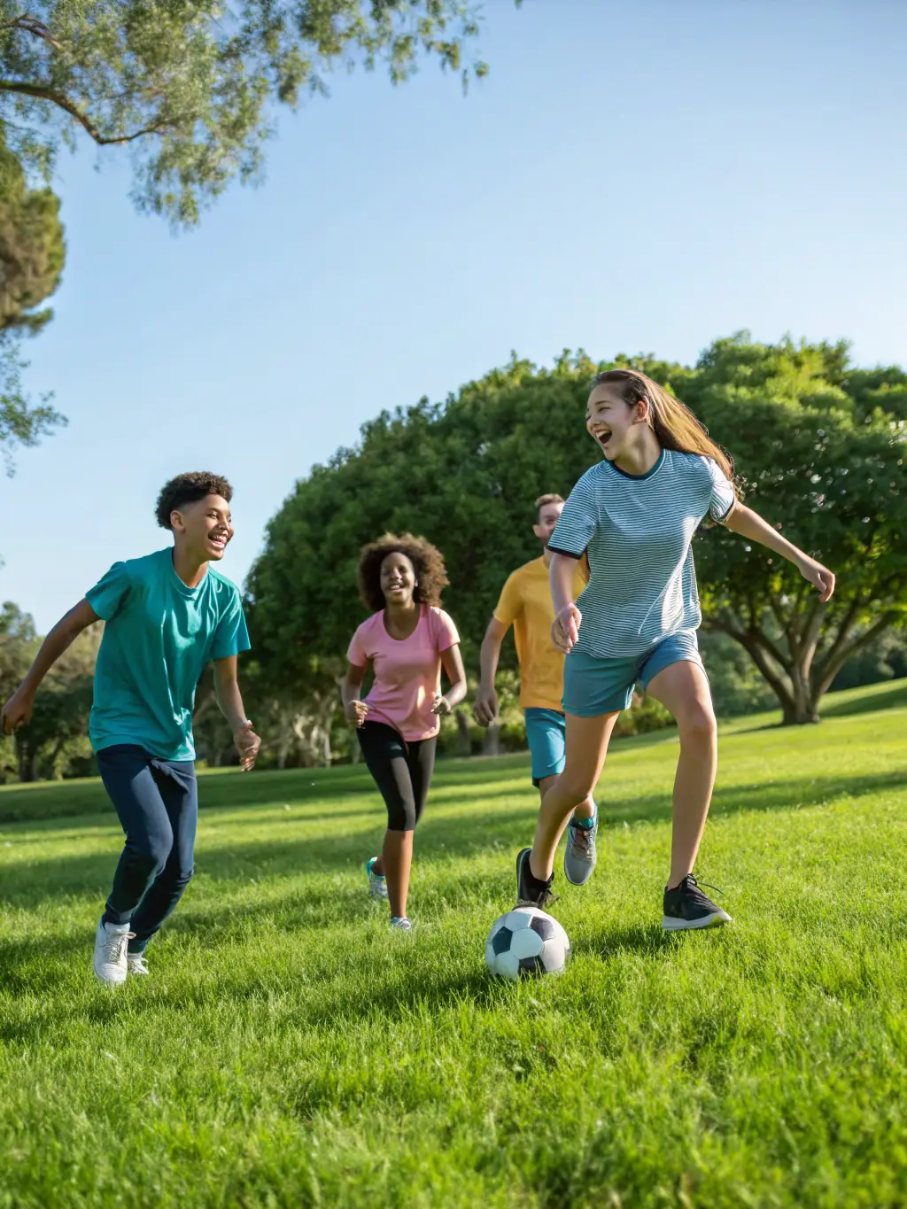 Children of various backgrounds playing soccer together in a park, emphasizing community engagement and physical activity.