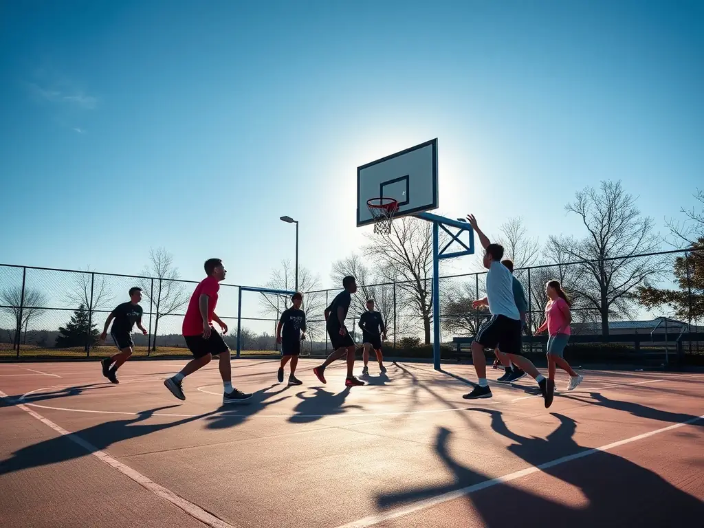 A group of diverse individuals participating in a friendly basketball game outdoors, showcasing teamwork and inclusivity.