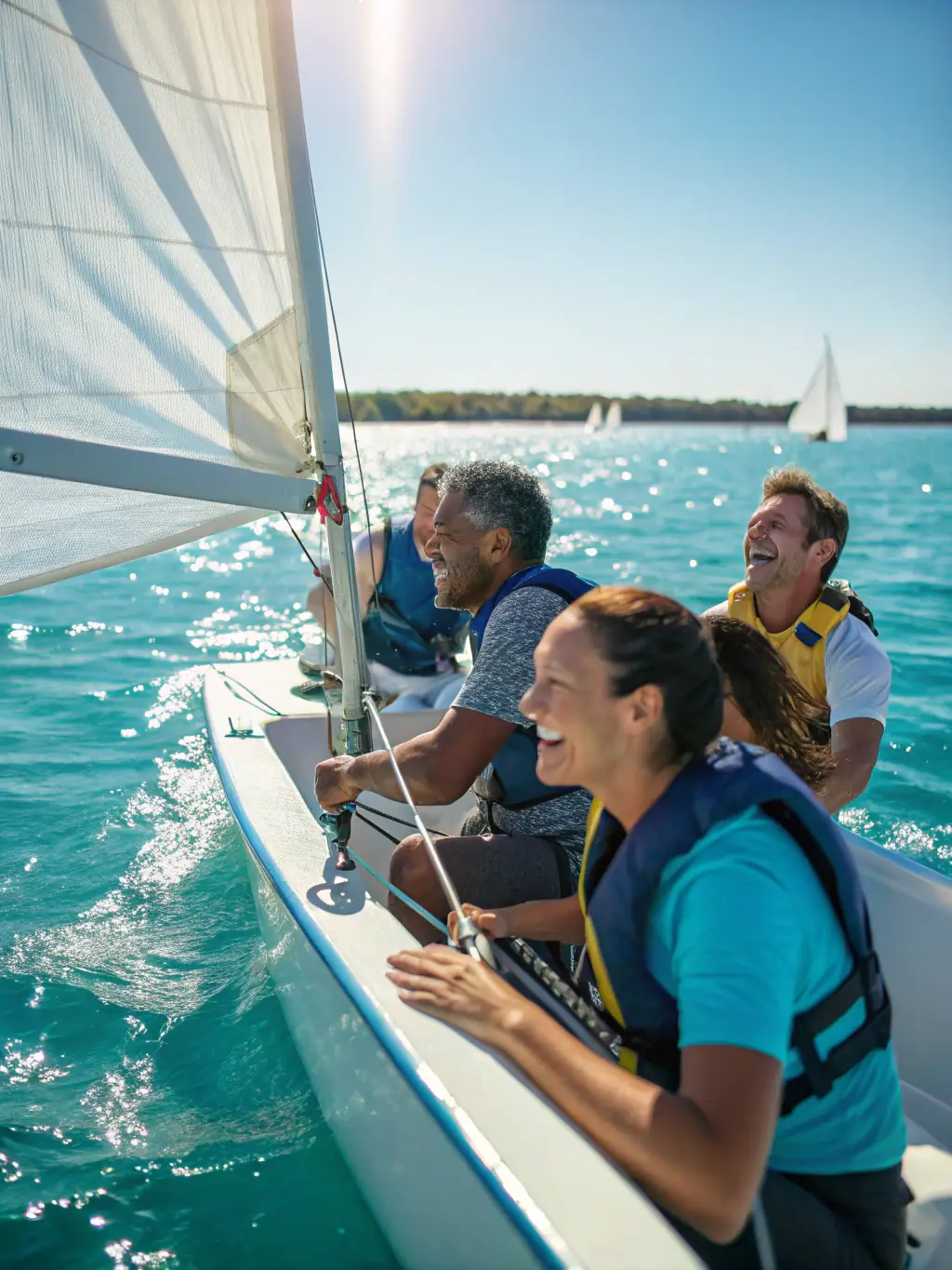 A group of people with disabilities enjoying a day of adaptive sailing, demonstrating access to enriching sports practices.