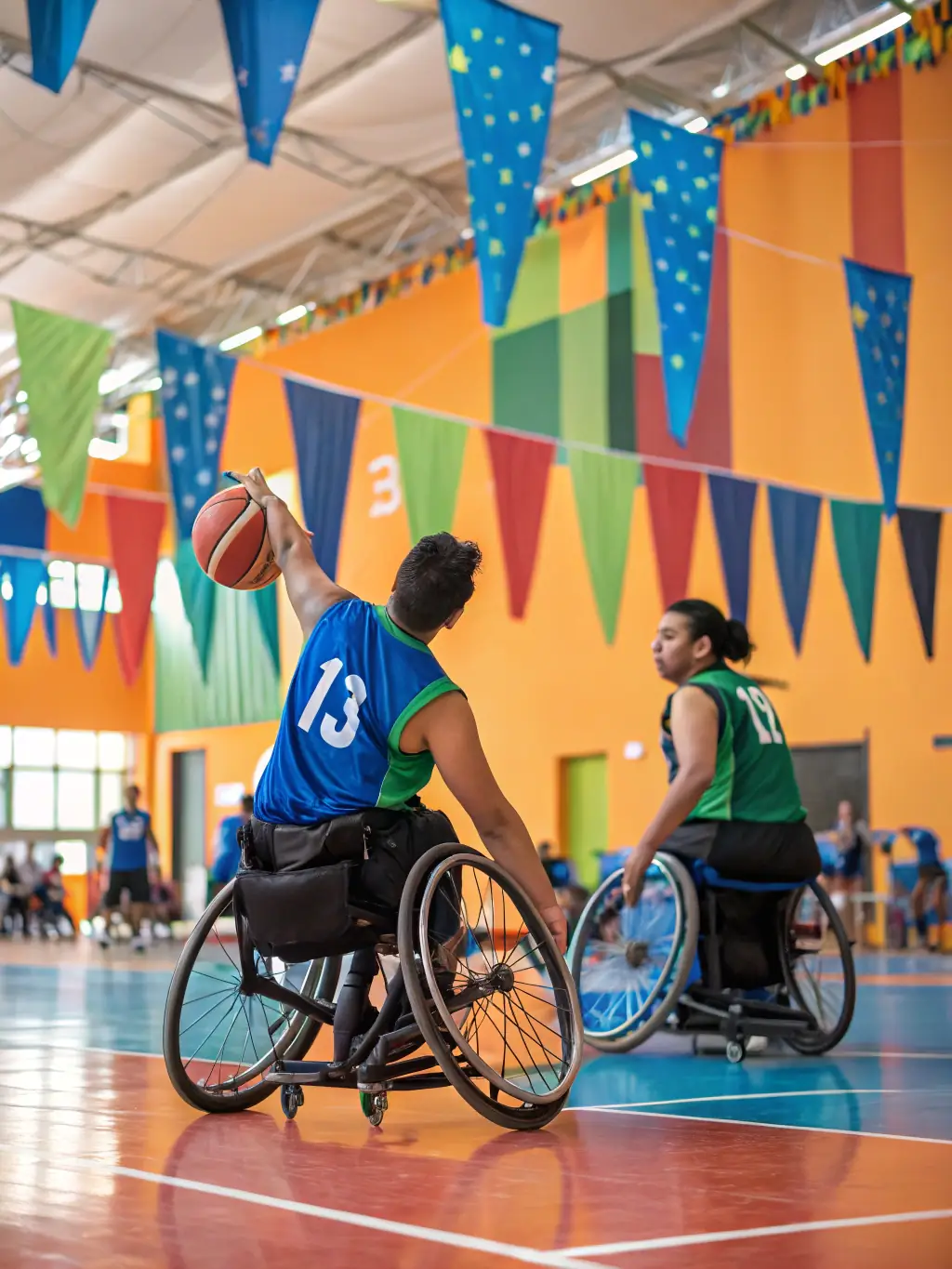 A group of diverse individuals participating in a wheelchair basketball game, showcasing inclusivity and teamwork.