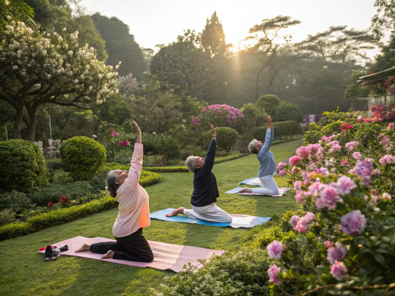 A group of seniors participating in a gentle yoga class in a park, emphasizing the benefits of physical activity for older adults.
