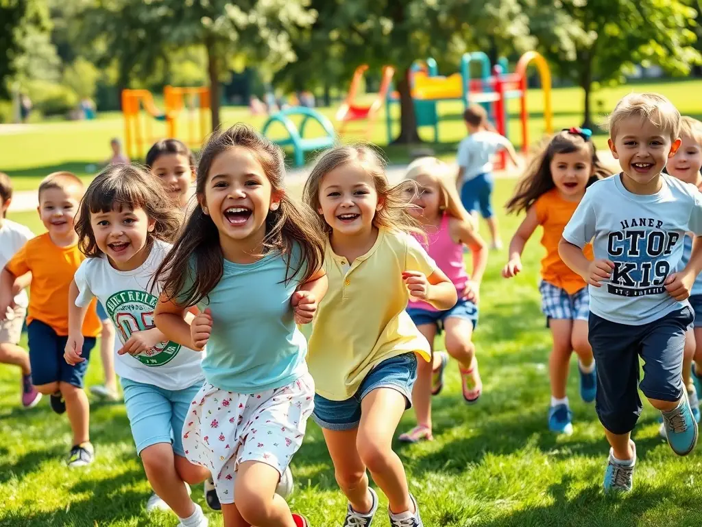 Children laughing and playing during a summer sports camp, highlighting the importance of physical activity for youth development.