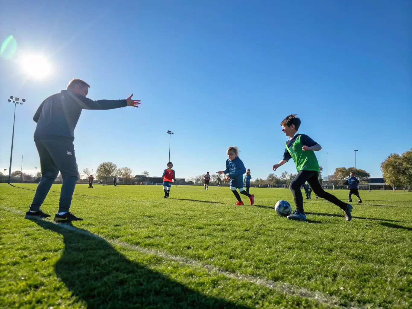 A vibrant image of children participating in a soccer clinic, showcasing youth engagement and skill development. The setting is a well-maintained outdoor soccer field with enthusiastic coaches and supportive parents.