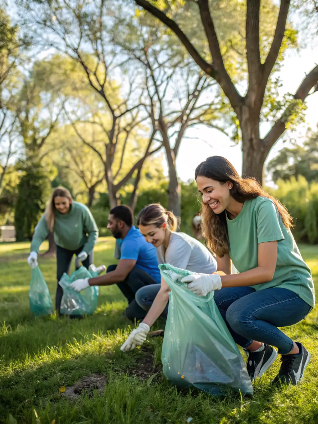 A community cleanup event organized by ORMA, with volunteers of all ages working together to beautify a local park, emphasizing community involvement.